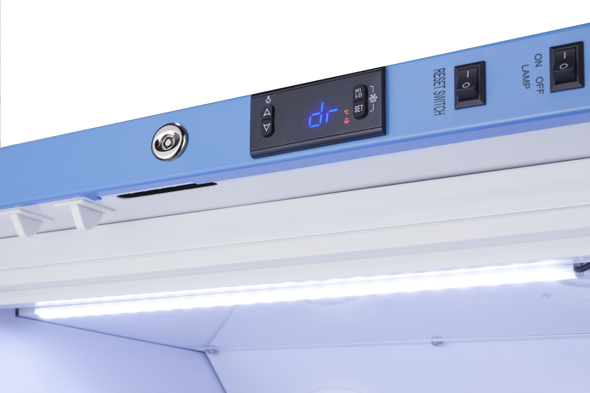 ADA height solid door all-refrigerator with four adjustable shelves designed for recessed or freestanding use, with four adjustable shelves, automatic defrost, hopsital grade cord with 'green dot' plug, and antimicrobial silver-ion handle.